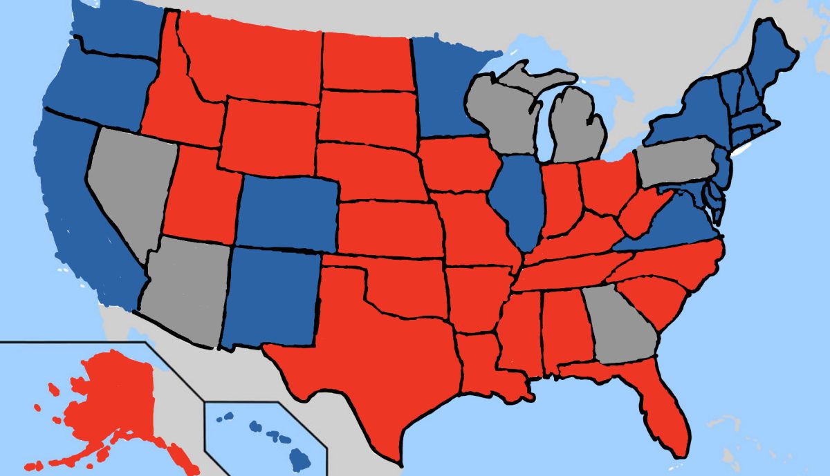 Electoral map with red for republican, blue for democrat, and gray for swing states  